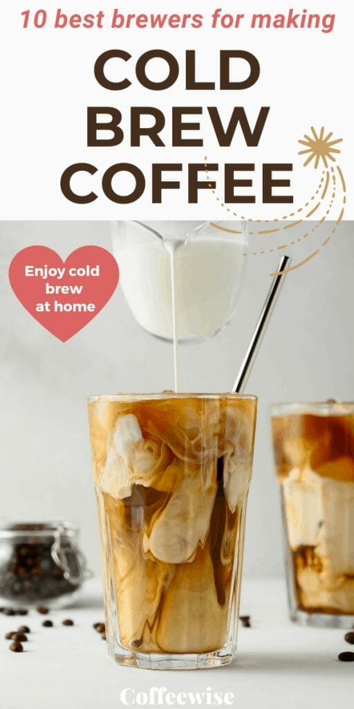 glass of cold brew coffee with text overlay 10 best brewers for making cold brew coffee