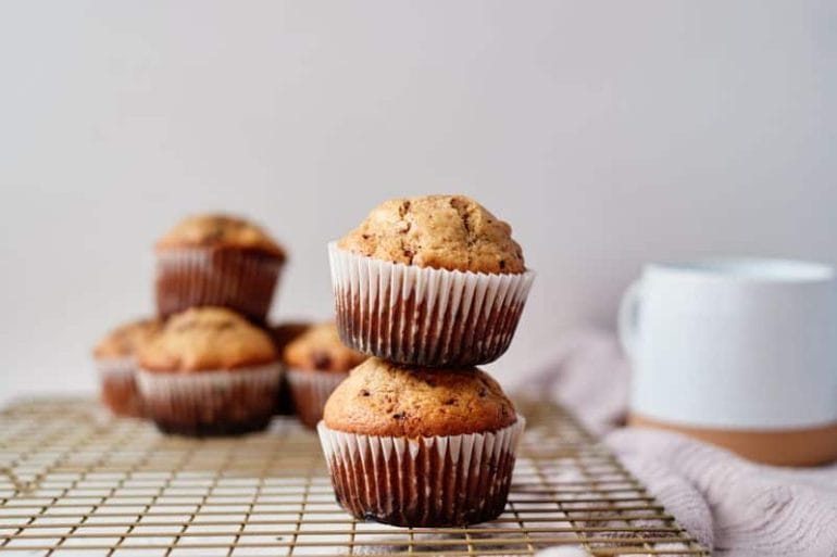 cappuccino mocha muffins stacked on tray