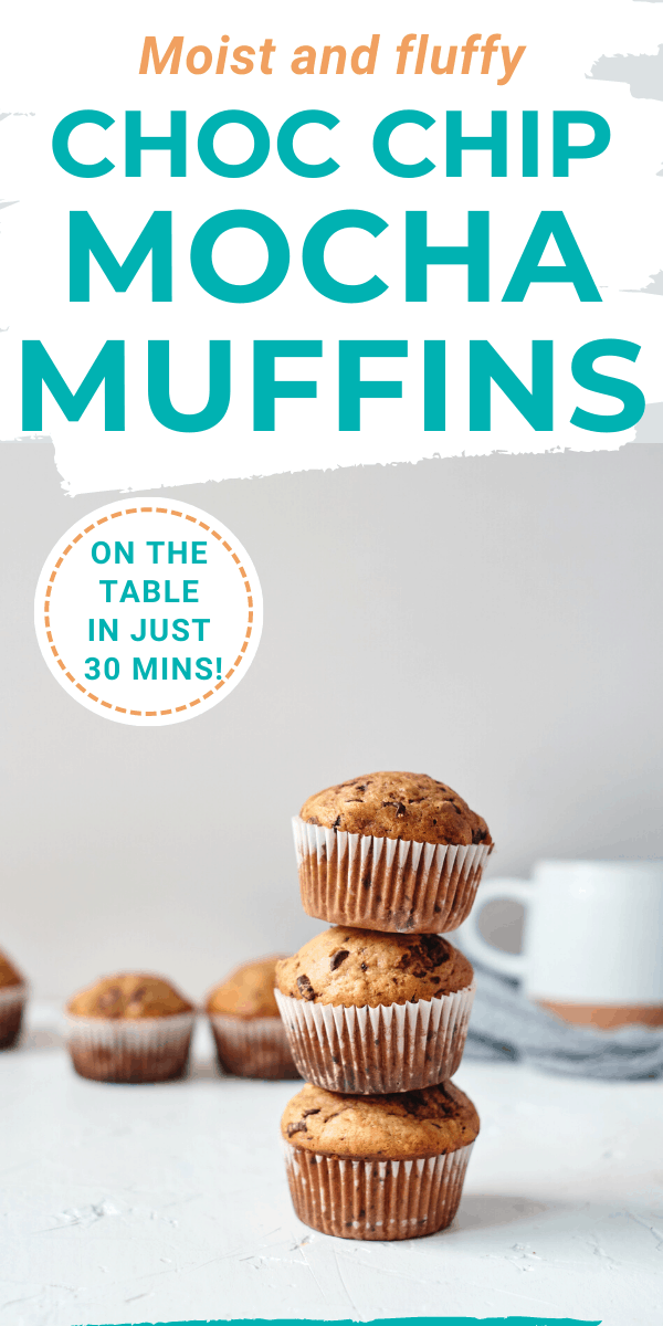 muffins stacked with text overlay Choc Chip mocha muffins