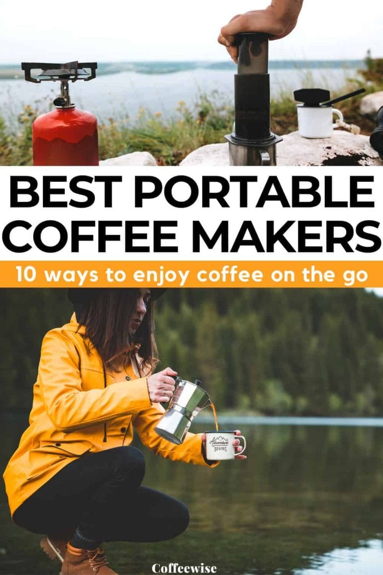 two images of travel coffee makers outdoors with text Best portable coffee makers