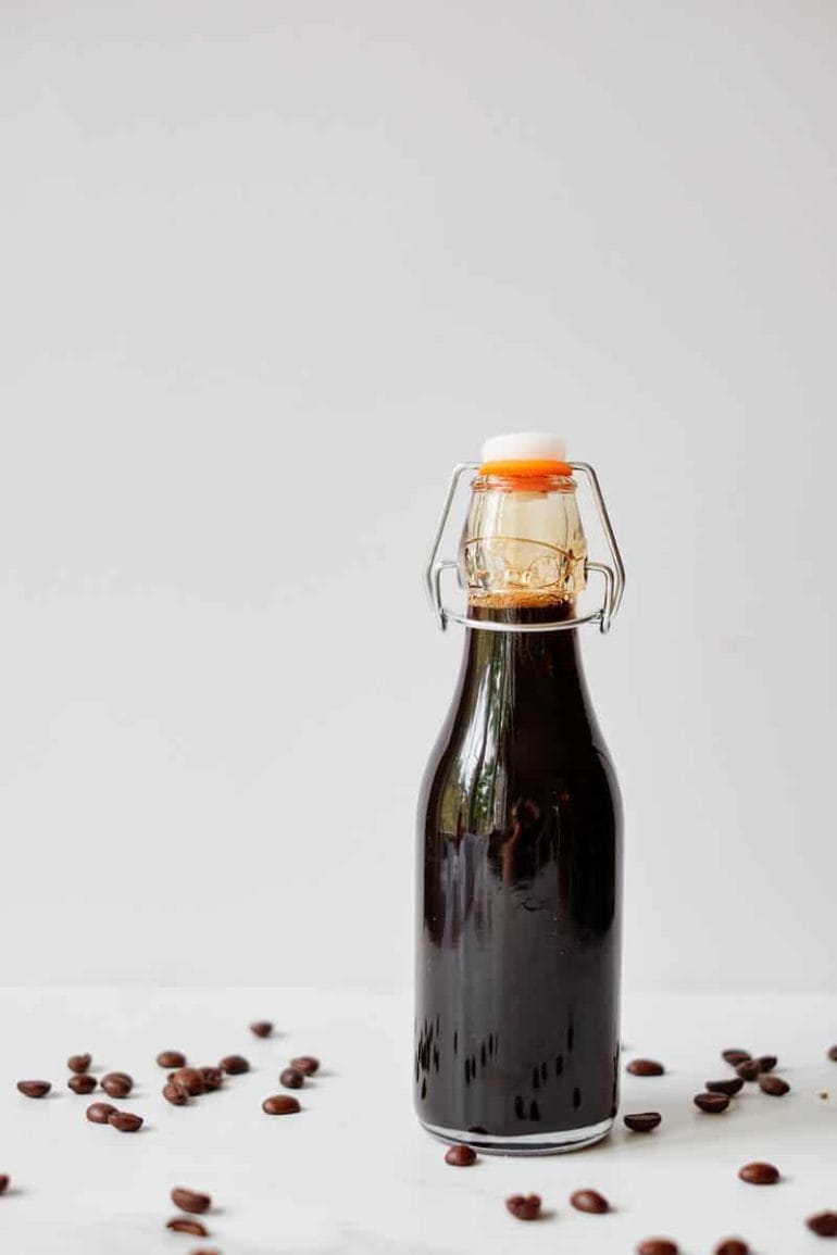 homemade coffee flavored syrup in bottle