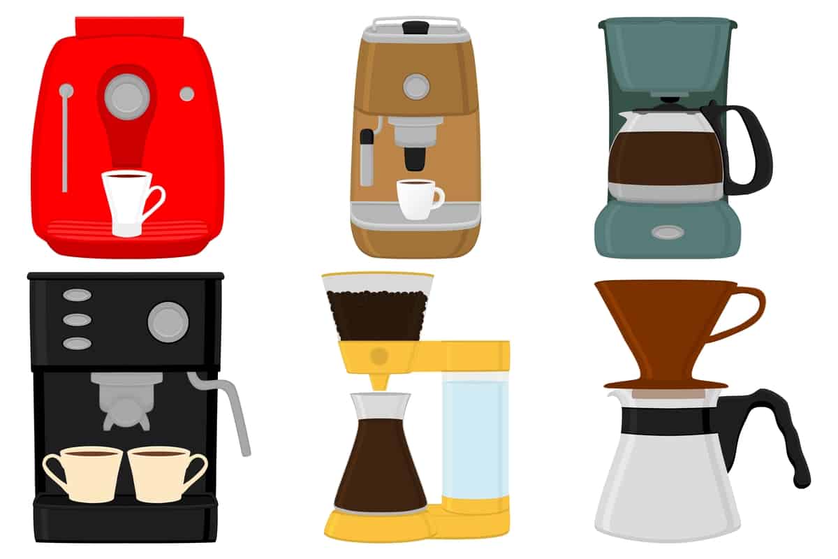 Icons of coffee machines and different coffee brewing methods
