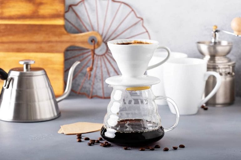 Pour over coffee maker, carafe and gooseneck kettle
