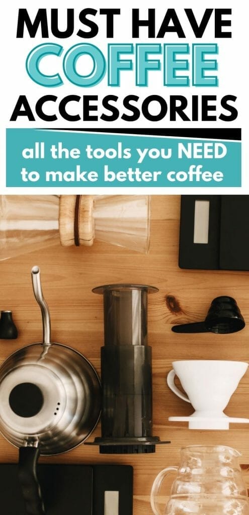 Coffee machine accessories top view on wooden table with text overlay must have coffee accessories.