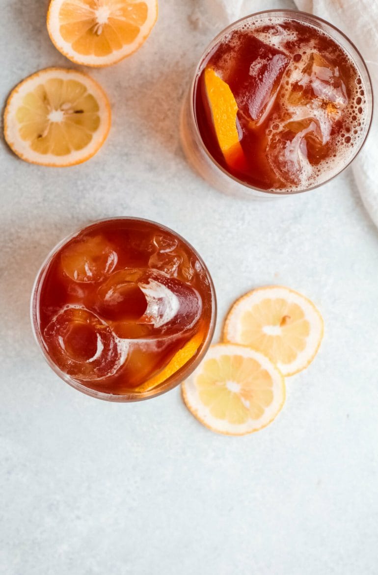 top view of espresso and tonic water iced coffee drinks.