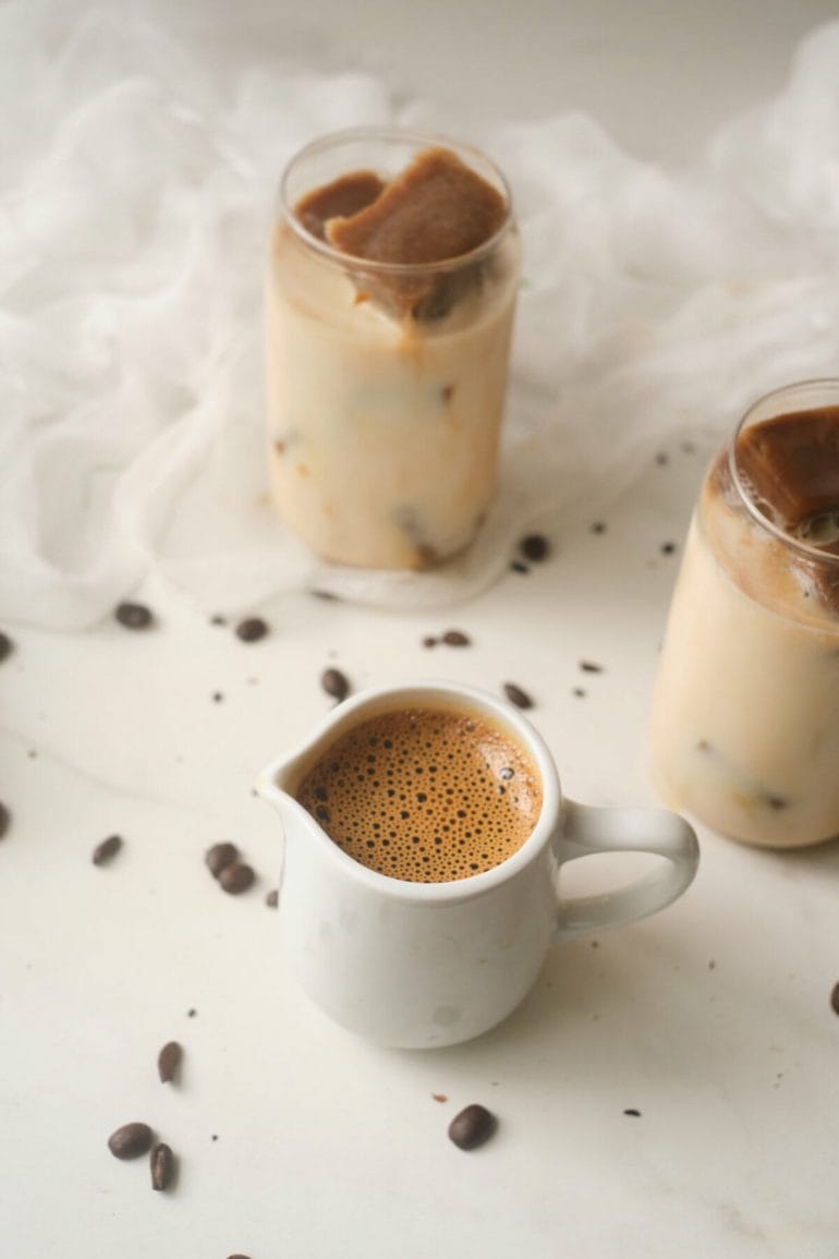 Ingredients for iced brown sugar espresso latte recipe.