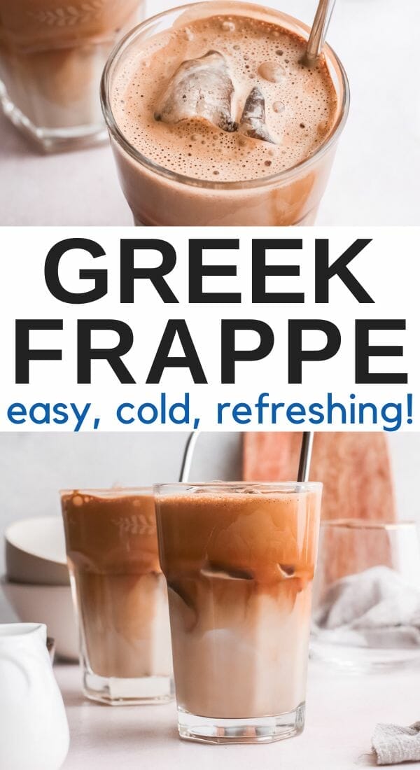 Two images of an iced Greek coffee with text overlay Greek Frappe.