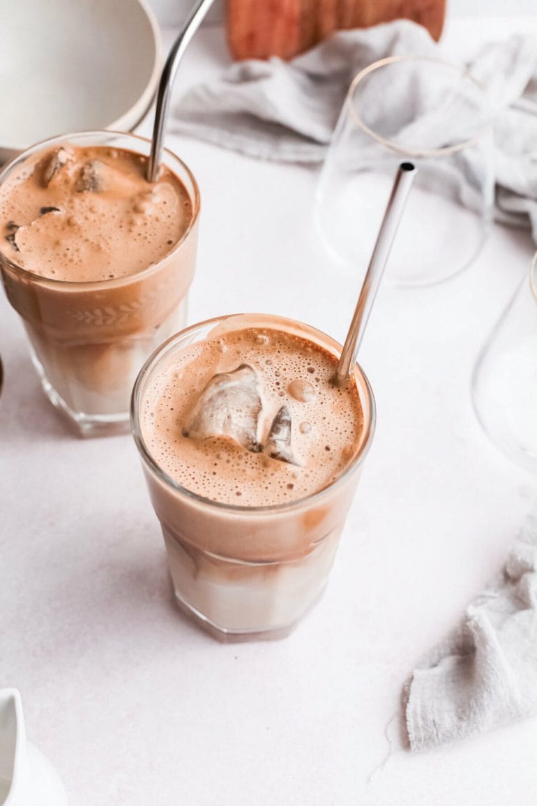 Top view of Greek coffee frappe iced coffee drink.