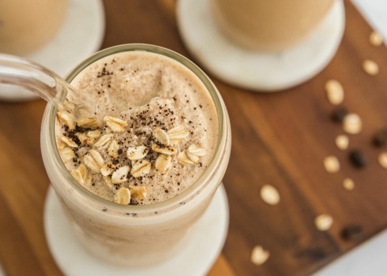 top view of healthy breakfast smoothie with coffee no banana.